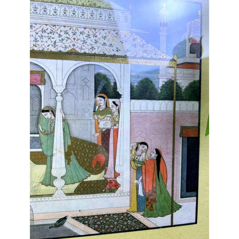 Vintage Framed Indian Nala and Damayanti Mahabharata Print Palace Scene Wall Art